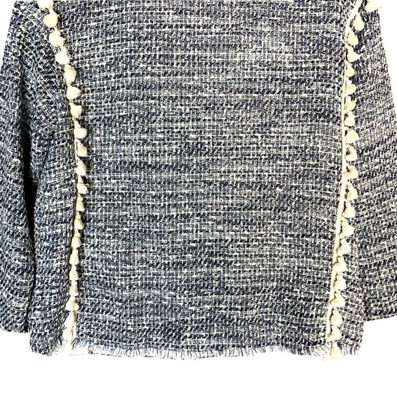 ZARA Oversize Tweed Blue and White Fringe Tassels Blazer Jacket - Picture 9 of 11